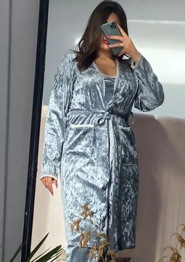 Kimono Long En Velours Gris SPARKLE 1 Kimono Long En Velours Gris SPARKLE