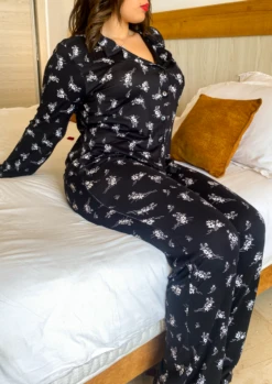 Pyjama Noir En Coton Imprimé BLOSSOM